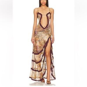 Jaded London Maxi dress mesh print open neckline
Brown Cream ruffle Revolve M